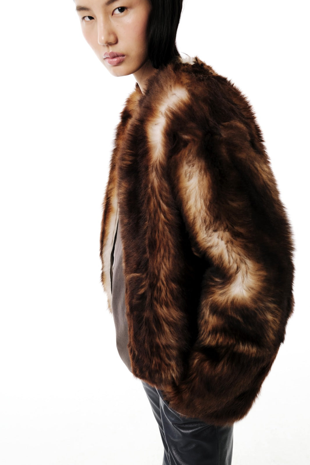 Shaggy Baby Collarless Coat | Toscana  Shearling – Dark Chocolate/Beige
