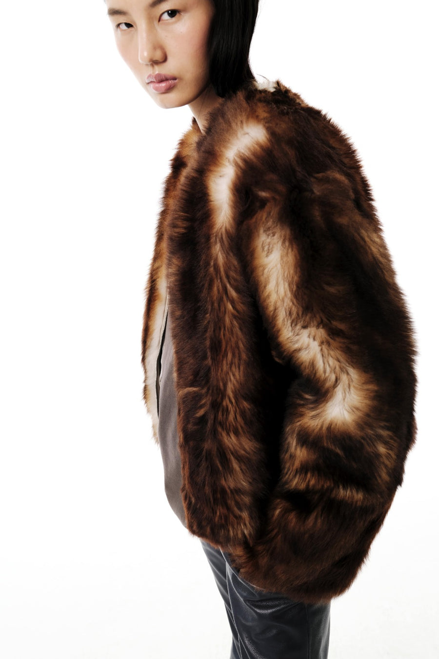 Shaggy Baby Collarless Coat | Toscana  Shearling – Dark Chocolate/Beige