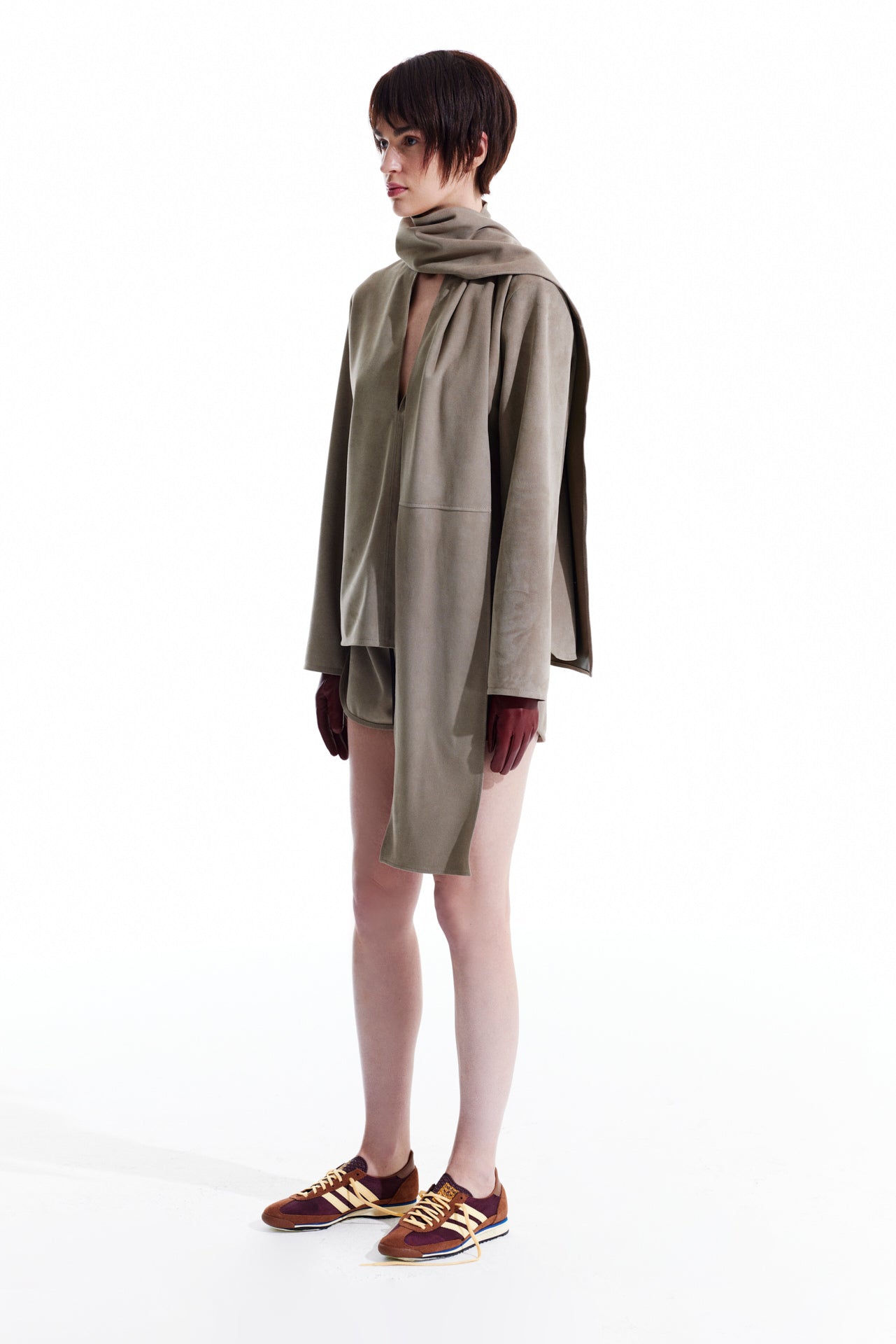 Scarf Neck Suede Blouse - Stone Beige