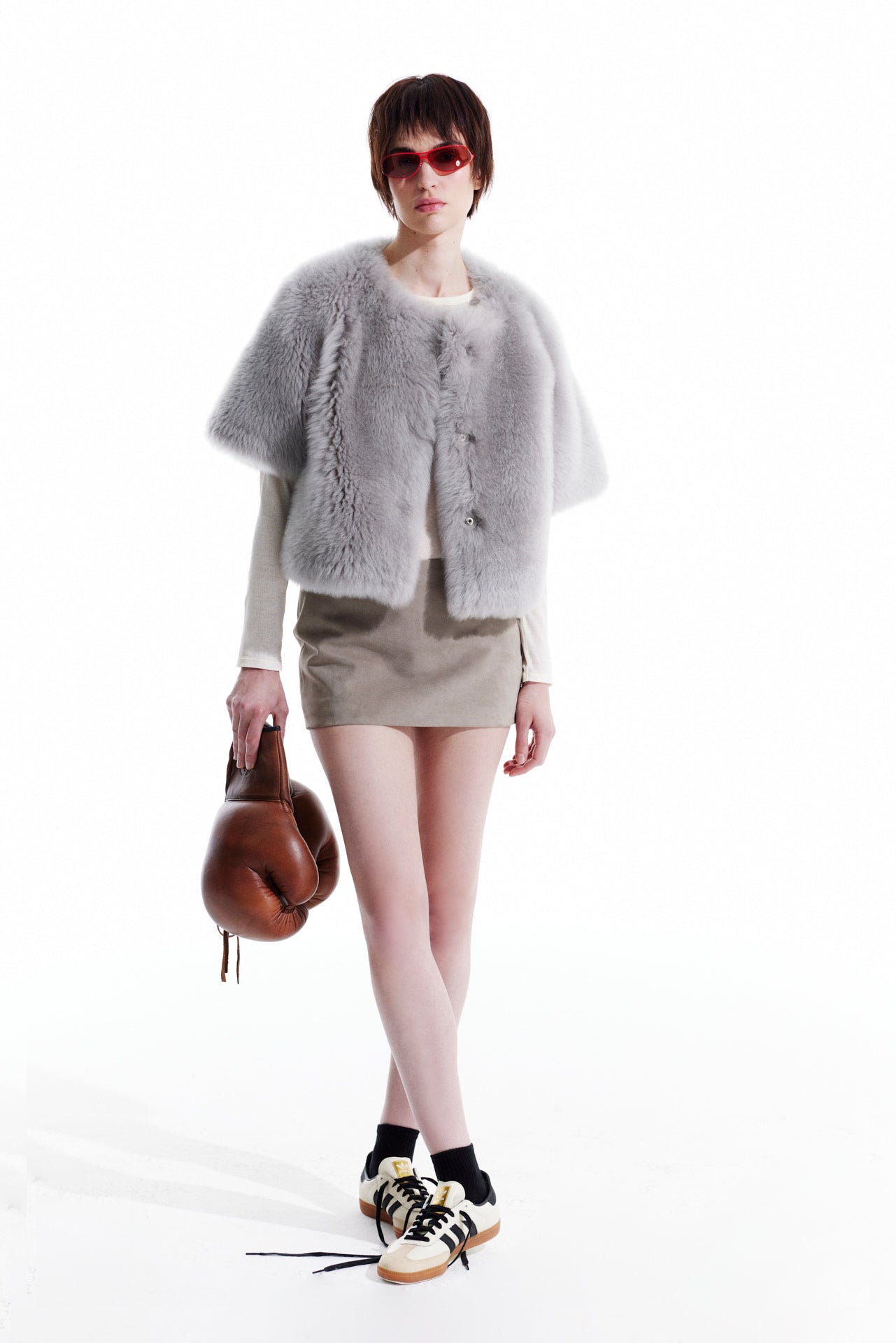 Three Quarter Sleeve Shearling Cardigan Jacket - Grey