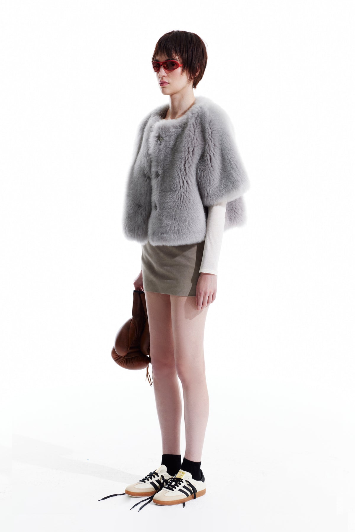 Three Quarter Sleeve Shearling Cardigan Jacket - Grey