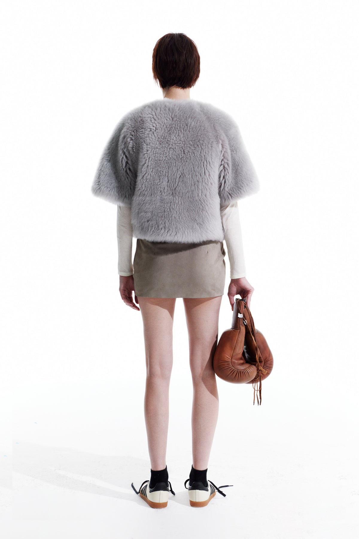 Three Quarter Sleeve Shearling Cardigan Jacket - Grey