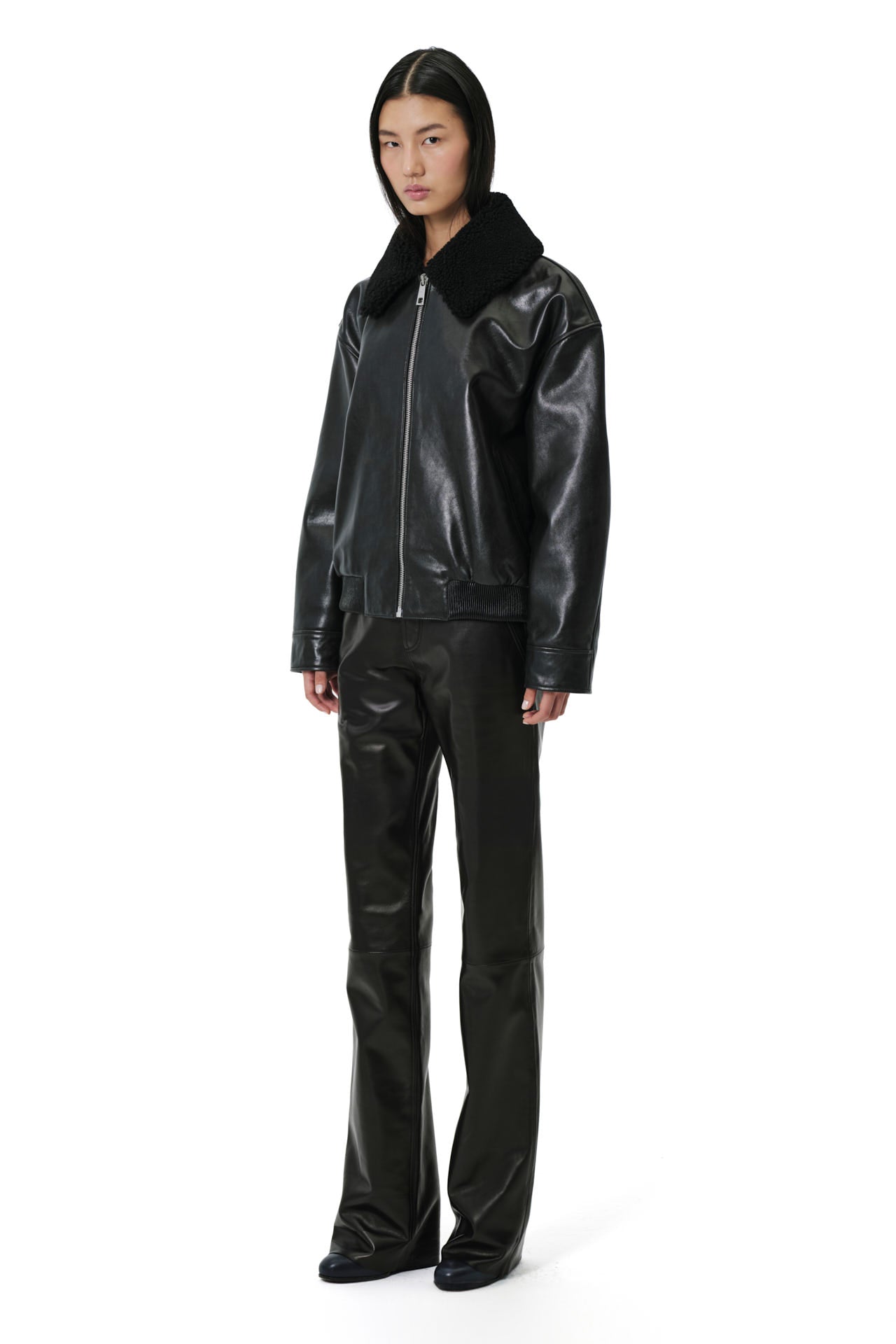 Love Leather Jacket With Shearling Collar Trim - Black