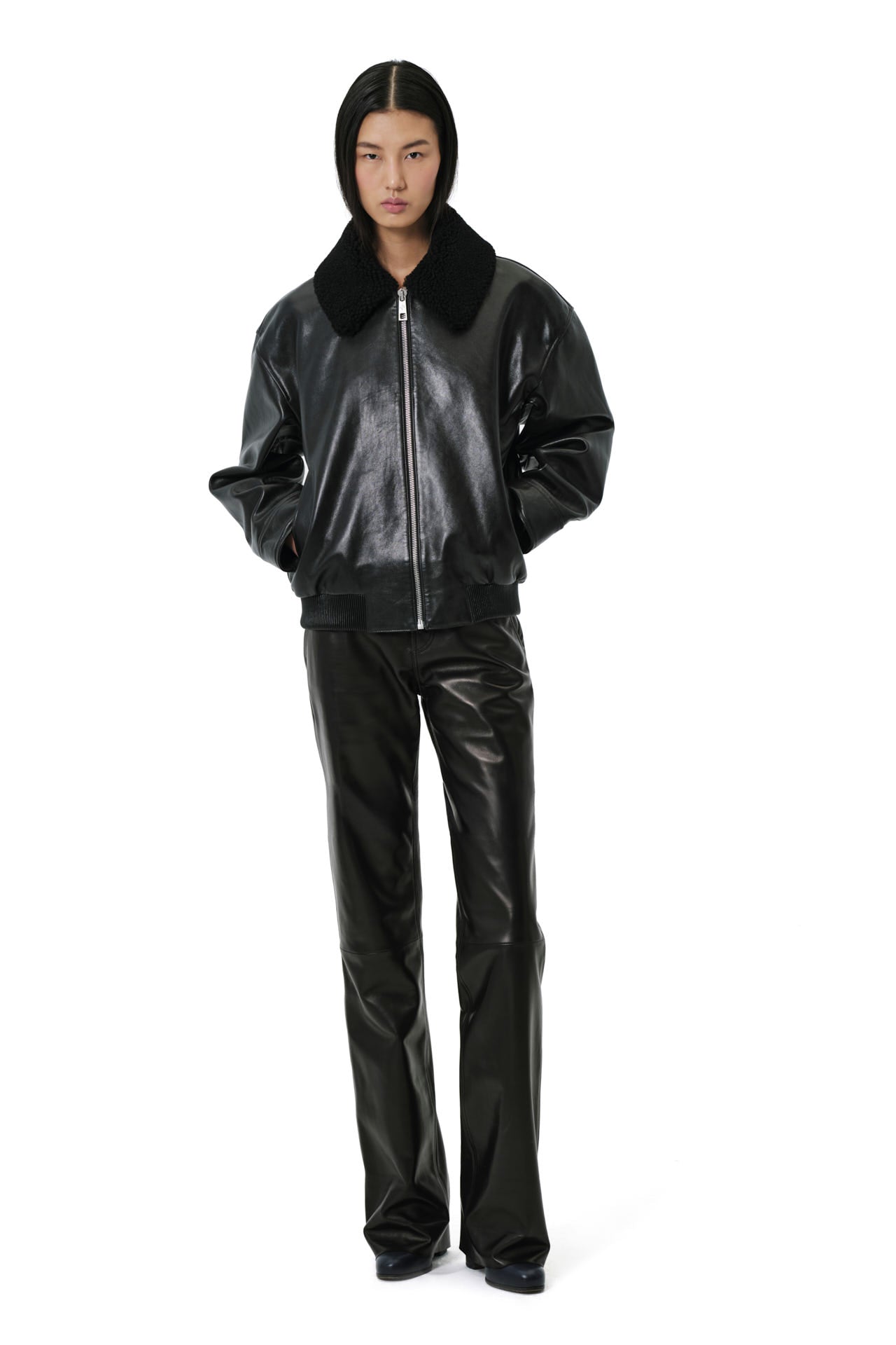 Love Leather Jacket With Shearling Collar Trim - Black