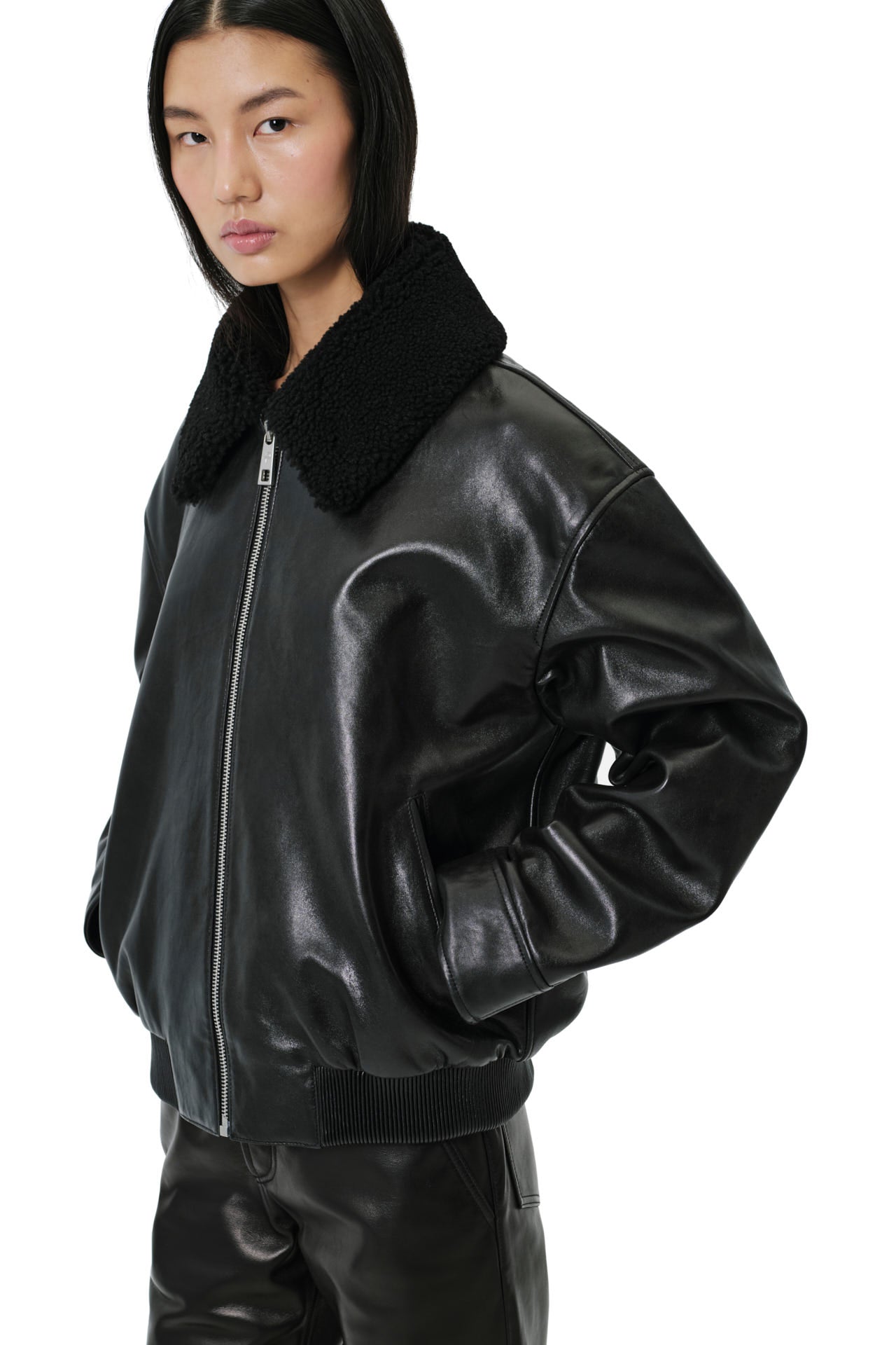 Love Leather Jacket With Shearling Collar Trim - Black