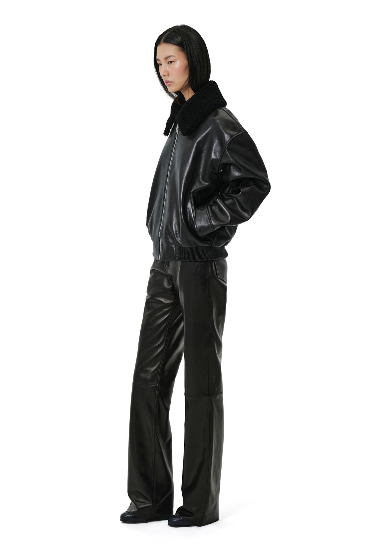 Love Leather Jacket With Shearling Collar Trim - Black