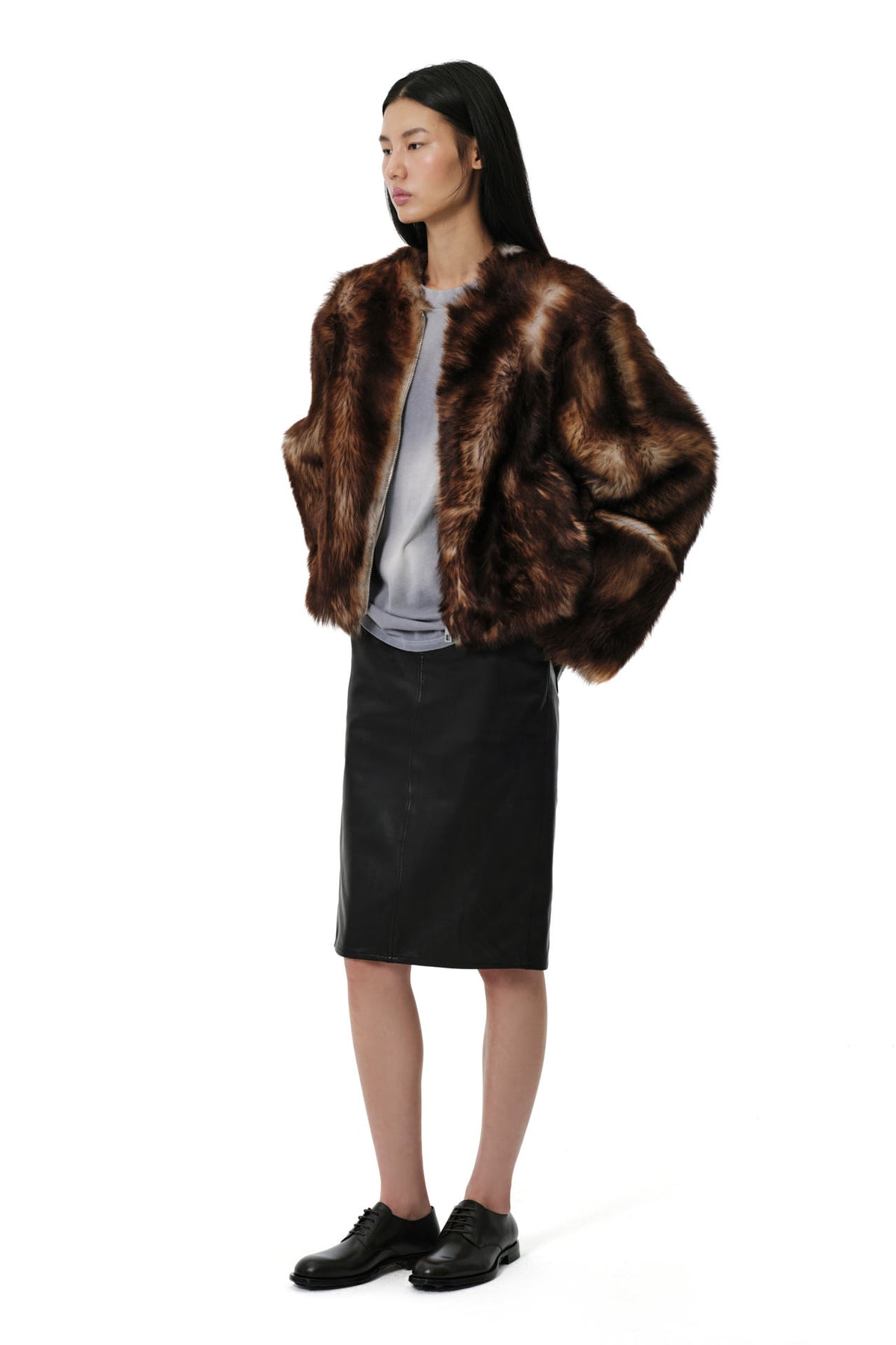 Shaggy Baby Collarless Coat | Toscana  Shearling – Dark Chocolate/Beige