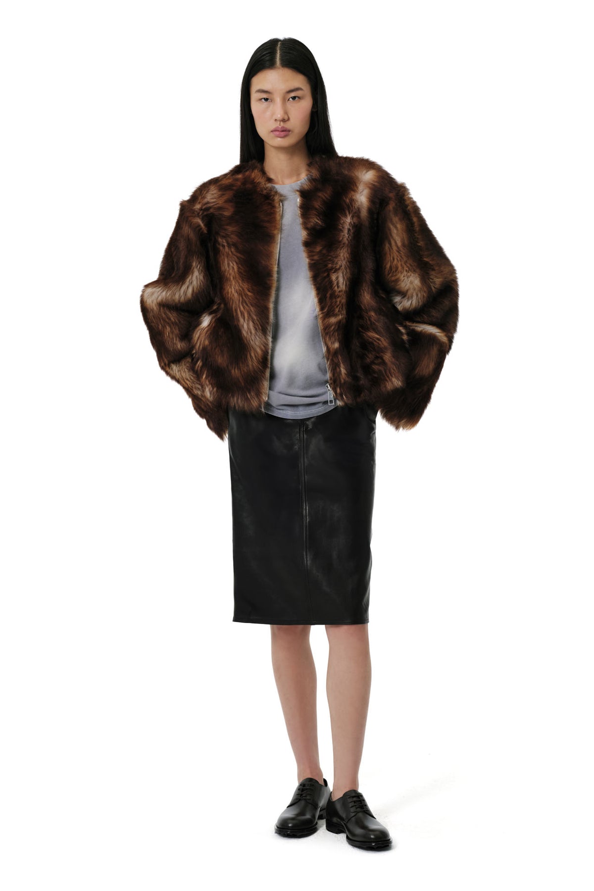 Shaggy Baby Collarless Coat | Toscana  Shearling – Dark Chocolate/Beige
