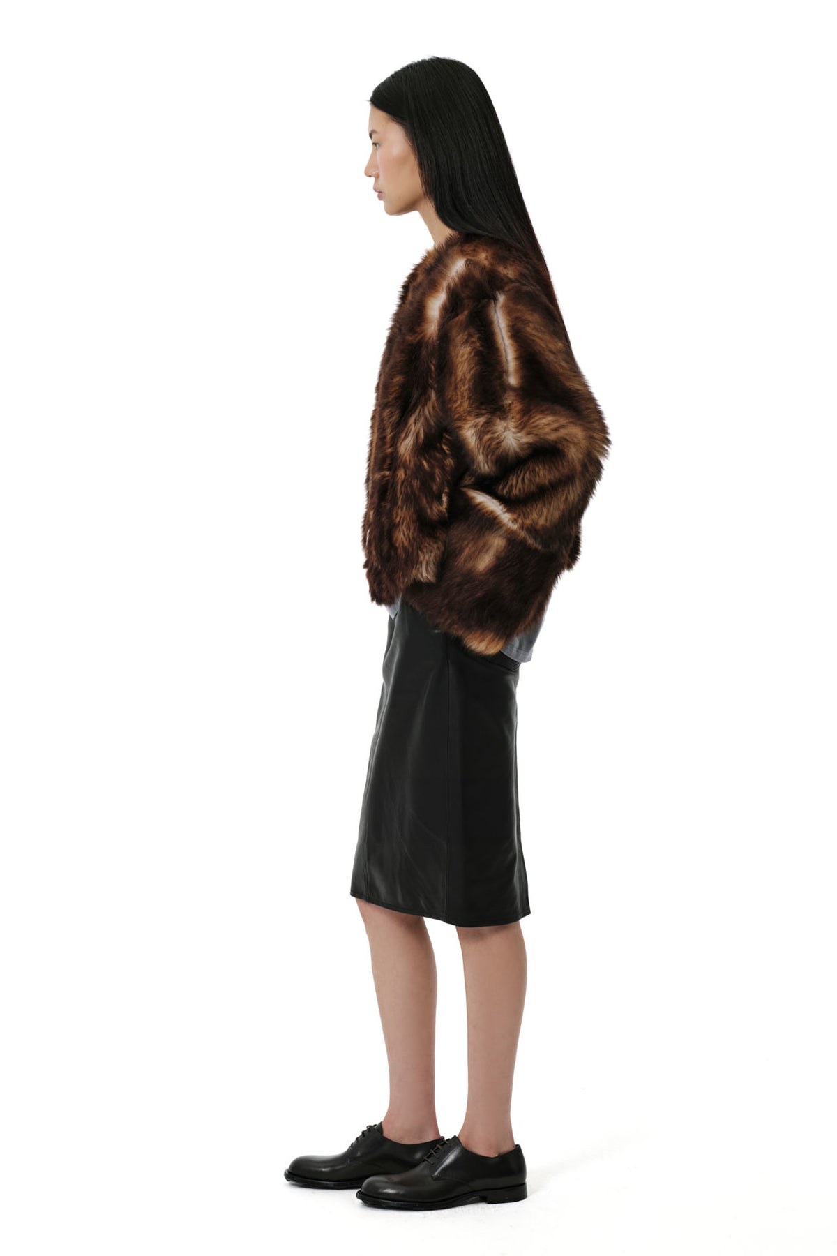 Shaggy Baby Collarless Coat | Toscana  Shearling – Dark Chocolate/Beige
