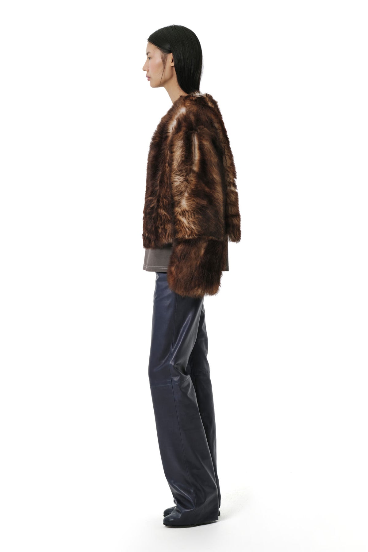 Shaggy Baby Collarless Coat | Toscana  Shearling – Dark Chocolate/Beige