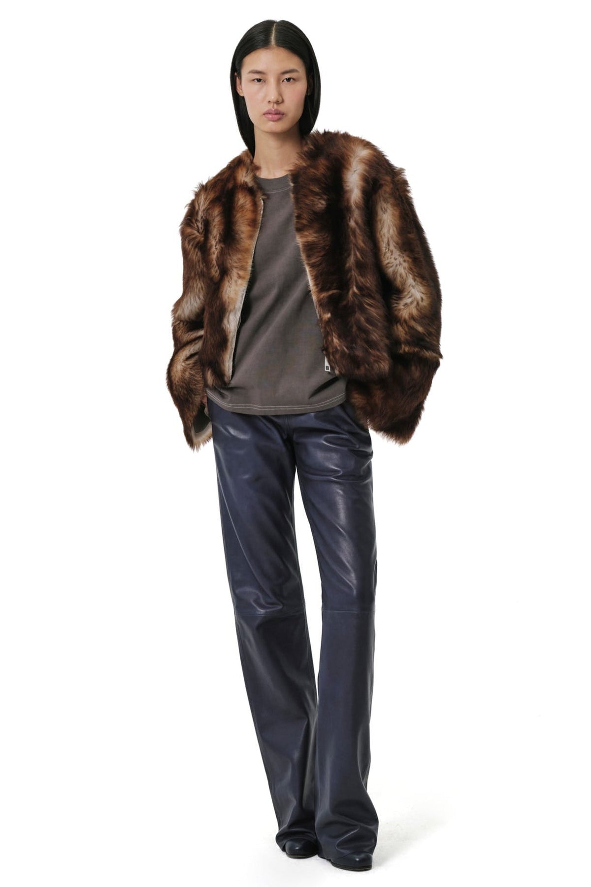 Shaggy Baby Collarless Coat | Toscana  Shearling – Dark Chocolate/Beige