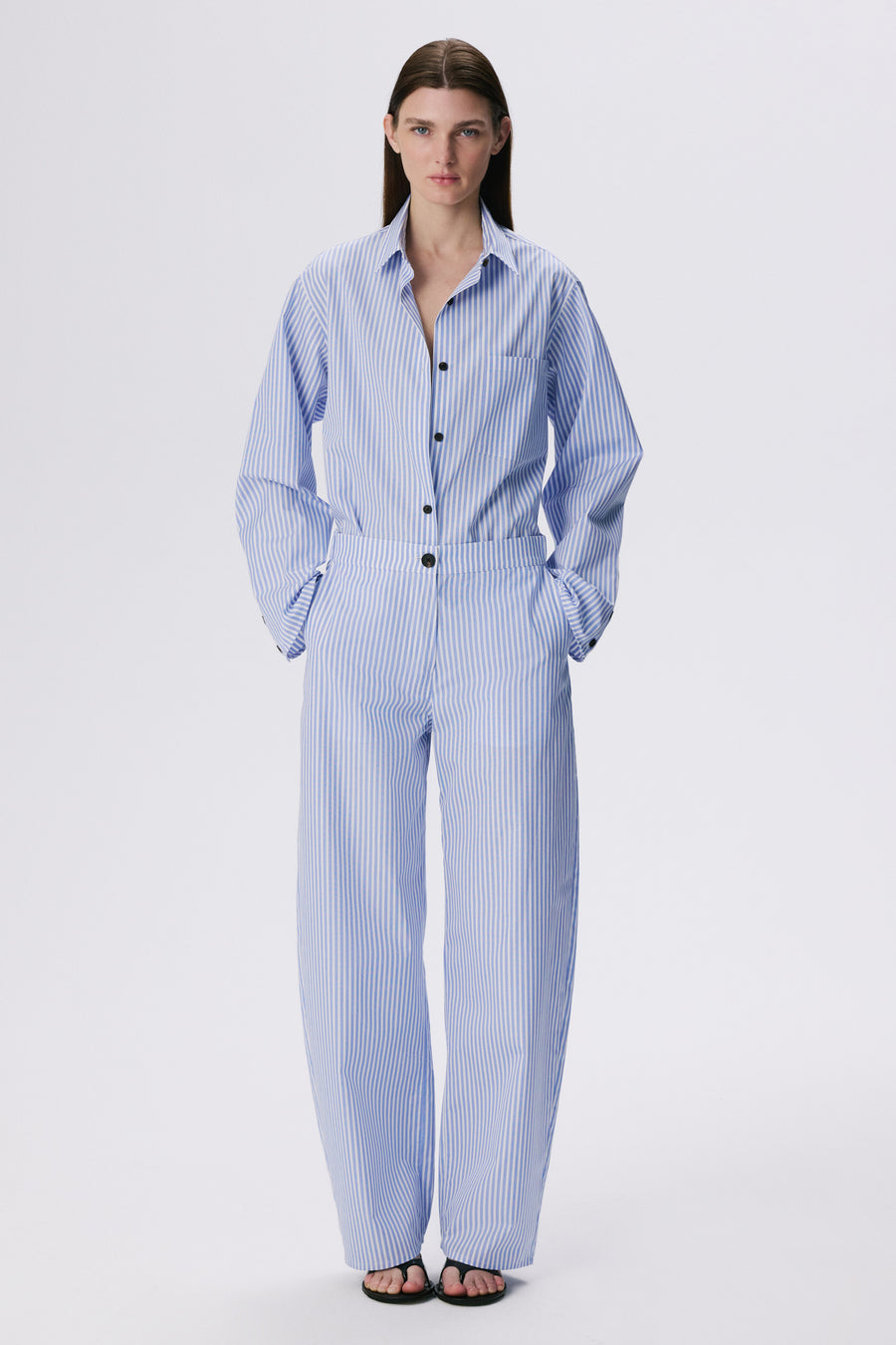 Soft Curve Barrel Pants | Cotton Poplin – Blue Stripe