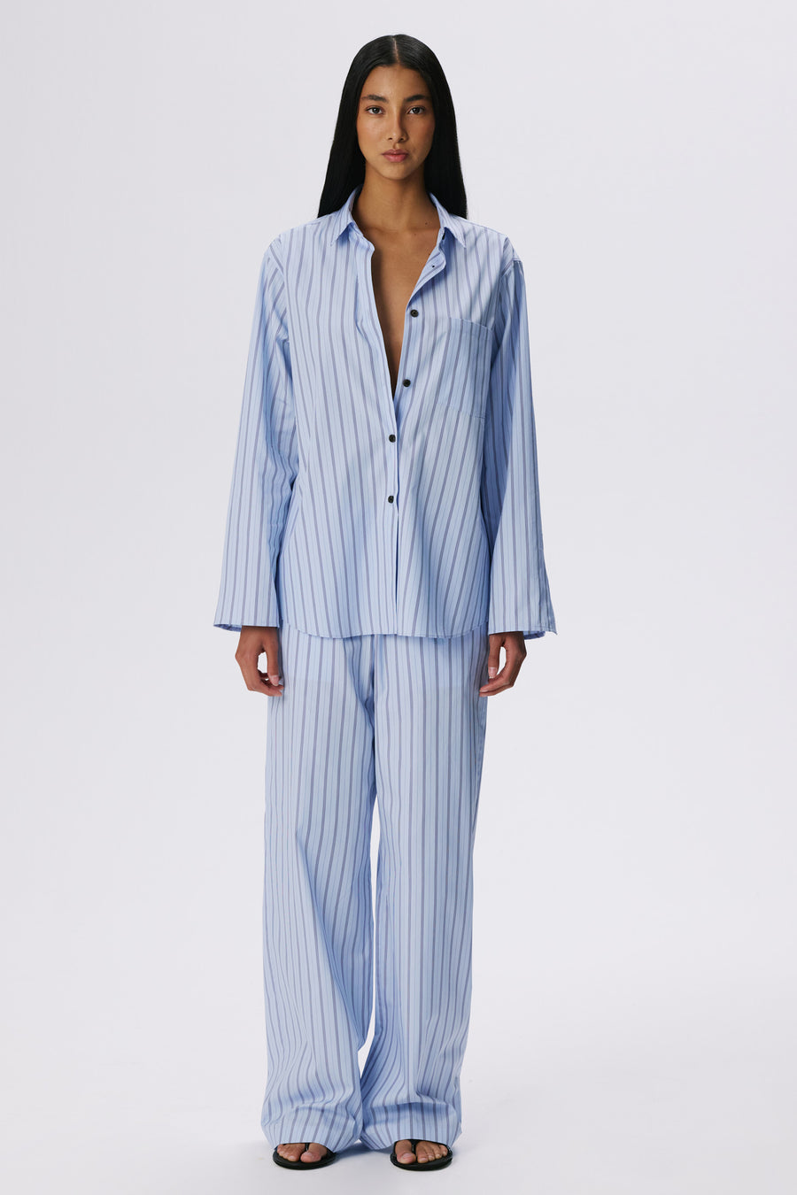Lounge Pants | Cotton Poplin – Slate Blue / Black Stripe