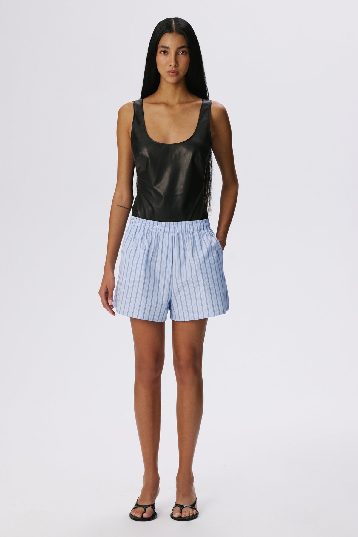 Lounge Shorts | Cotton Poplin – Slate Blue / Black Stripe