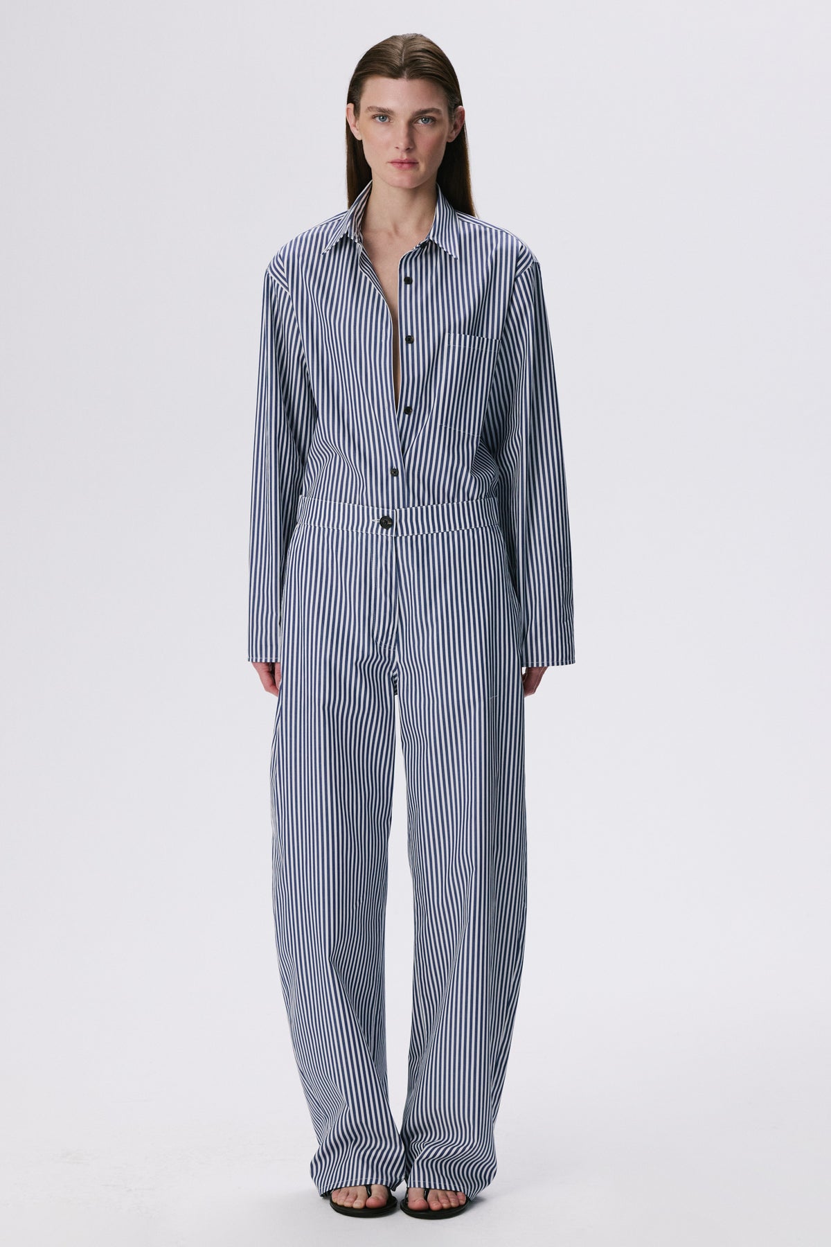 Soft Curve Barrel Pants | Cotton Poplin – Navy Stripe