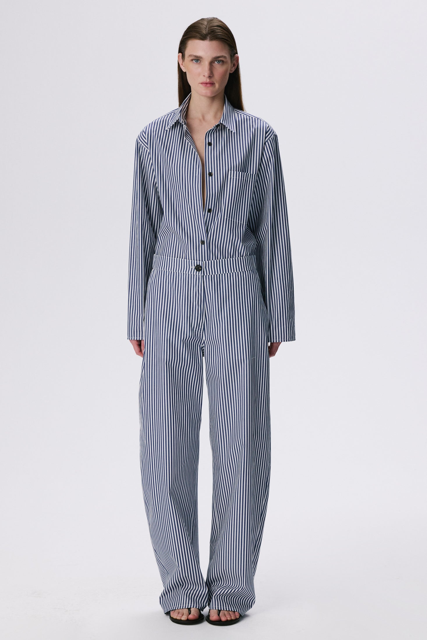 Soft Curve Barrel Pants | Cotton Poplin – Navy Stripe