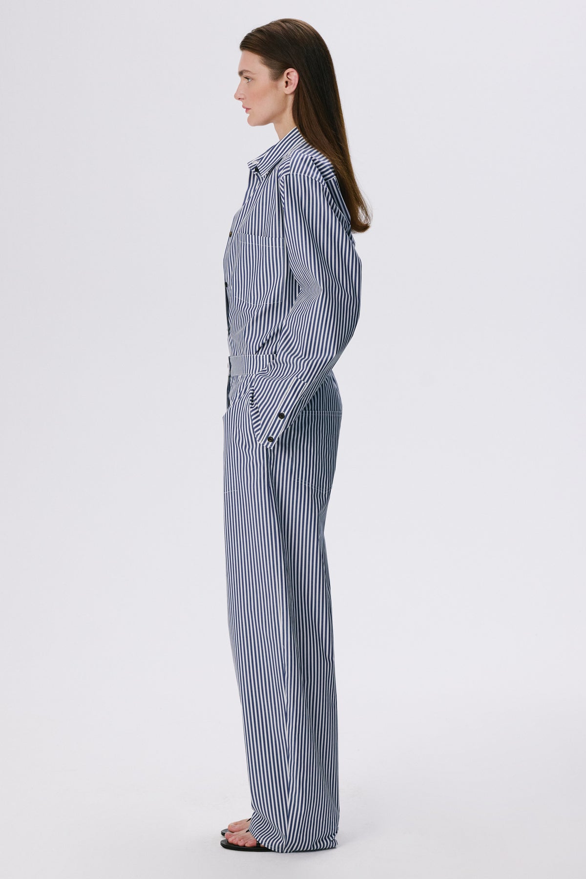 Soft Curve Barrel Pants | Cotton Poplin – Navy Stripe