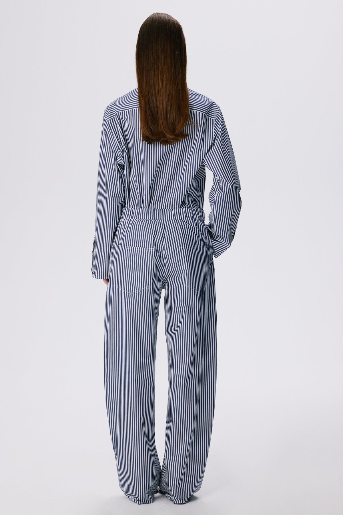 Soft Curve Barrel Pants | Cotton Poplin – Navy Stripe