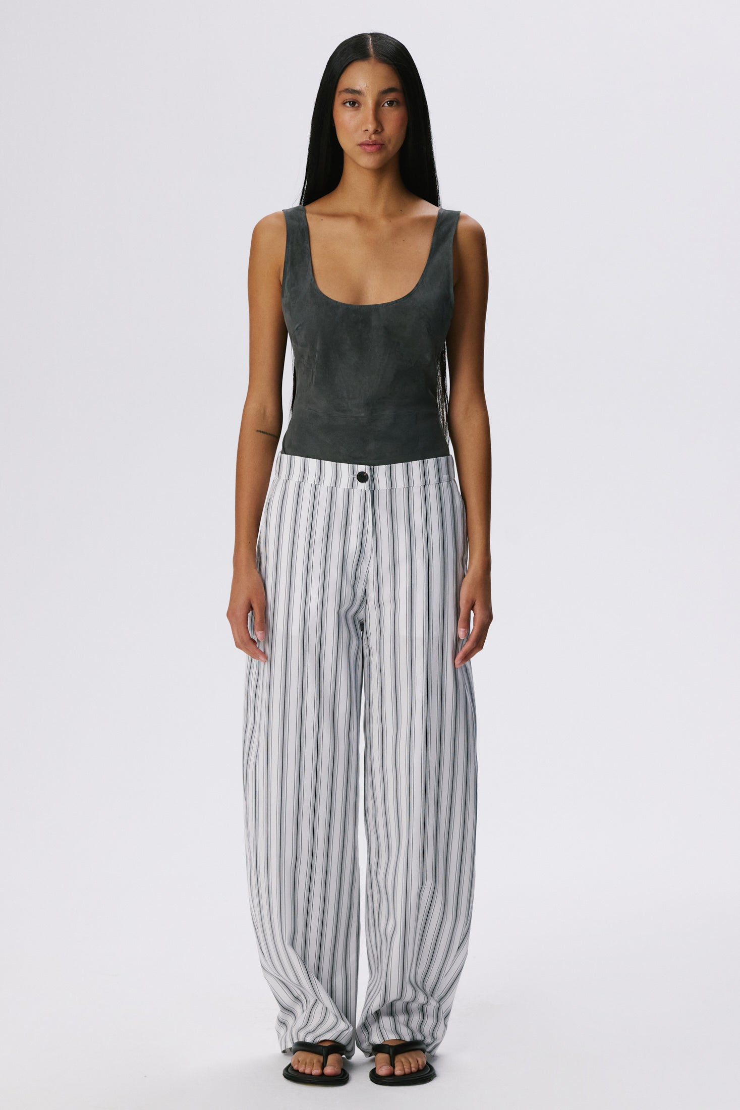 Soft Curve Barrel Pants | Cotton Poplin – Black / White Stripe