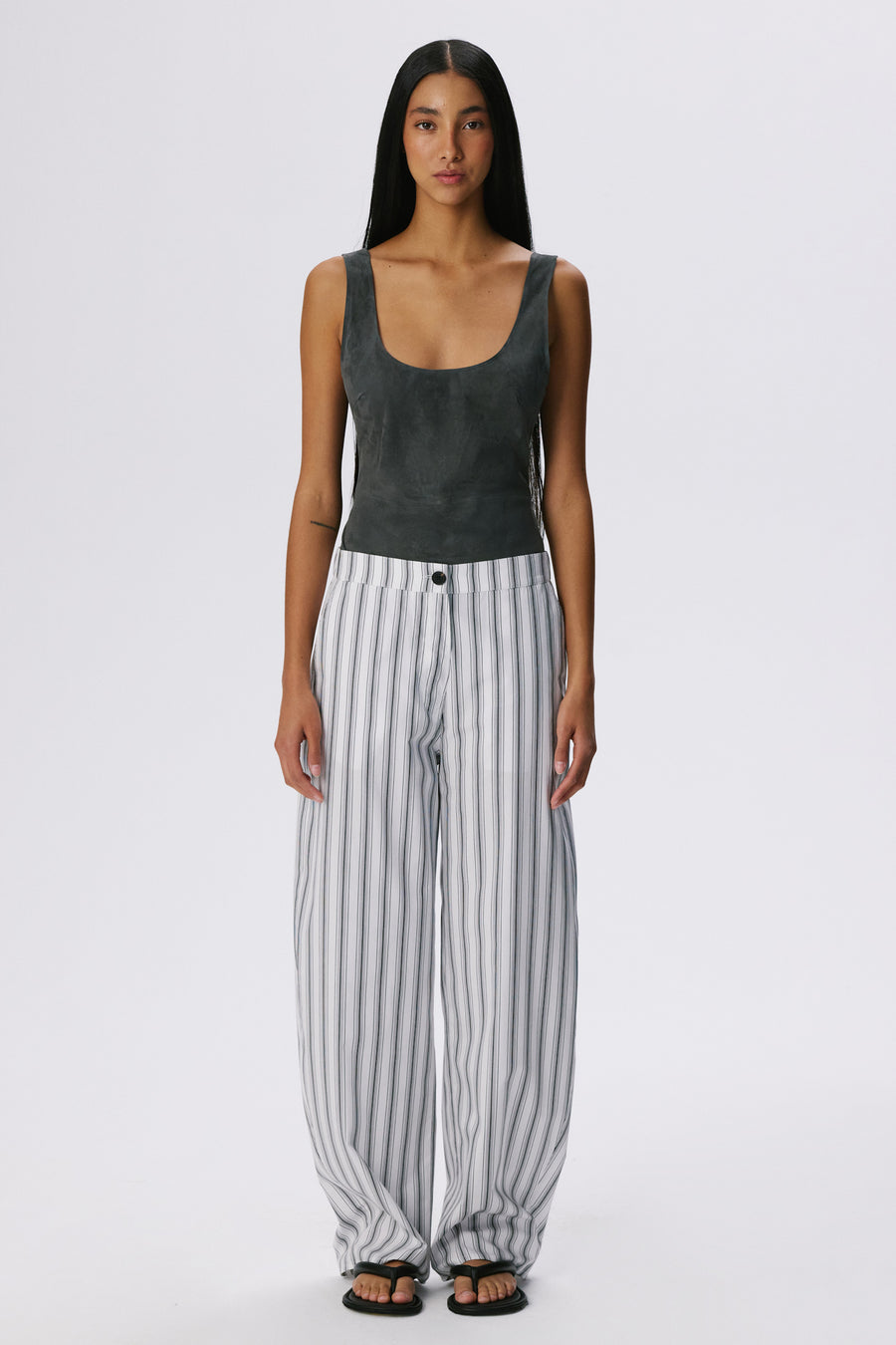 Soft Curve Barrel Pants | Cotton Poplin – Black / White Stripe