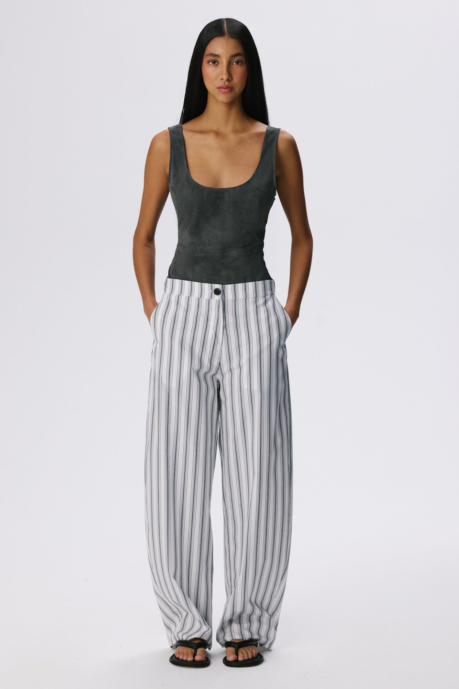 Soft Curve Barrel Pants | Cotton Poplin – Black / White Stripe