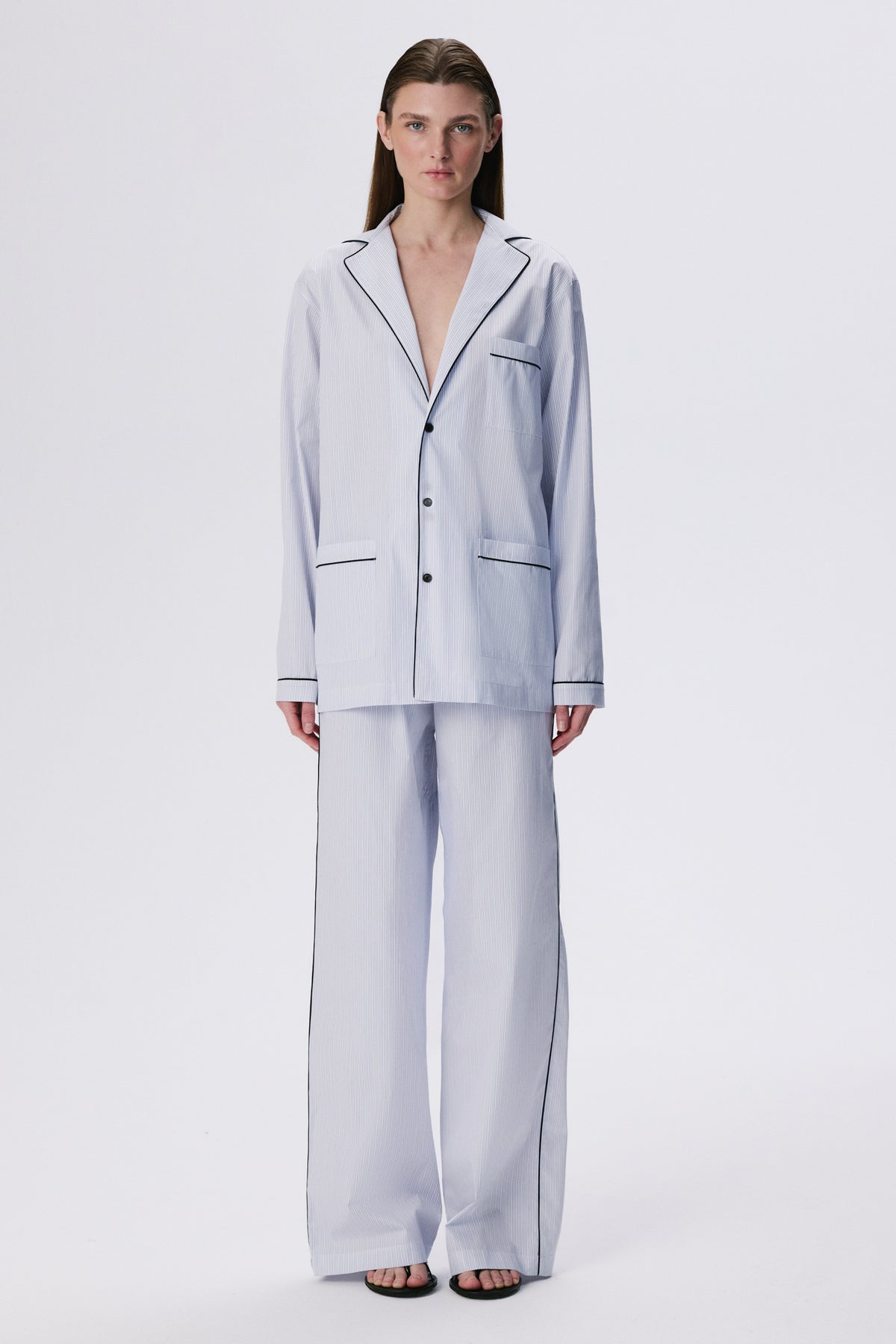In Bloom Shirt | Cotton Poplin – Blue / Black Pinstripe
