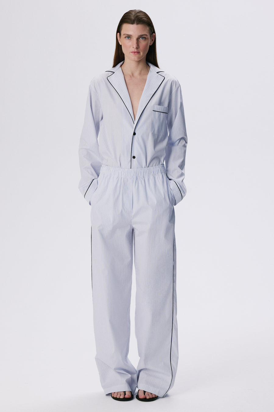 Lounge Pants | Cotton Poplin – Blue / Black Pinstripe