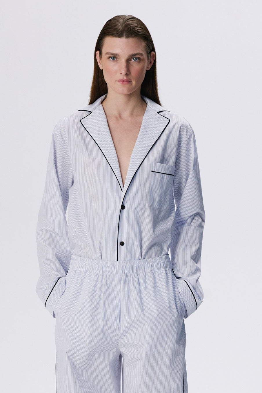 In Bloom Shirt | Cotton Poplin – Blue / Black Pinstripe