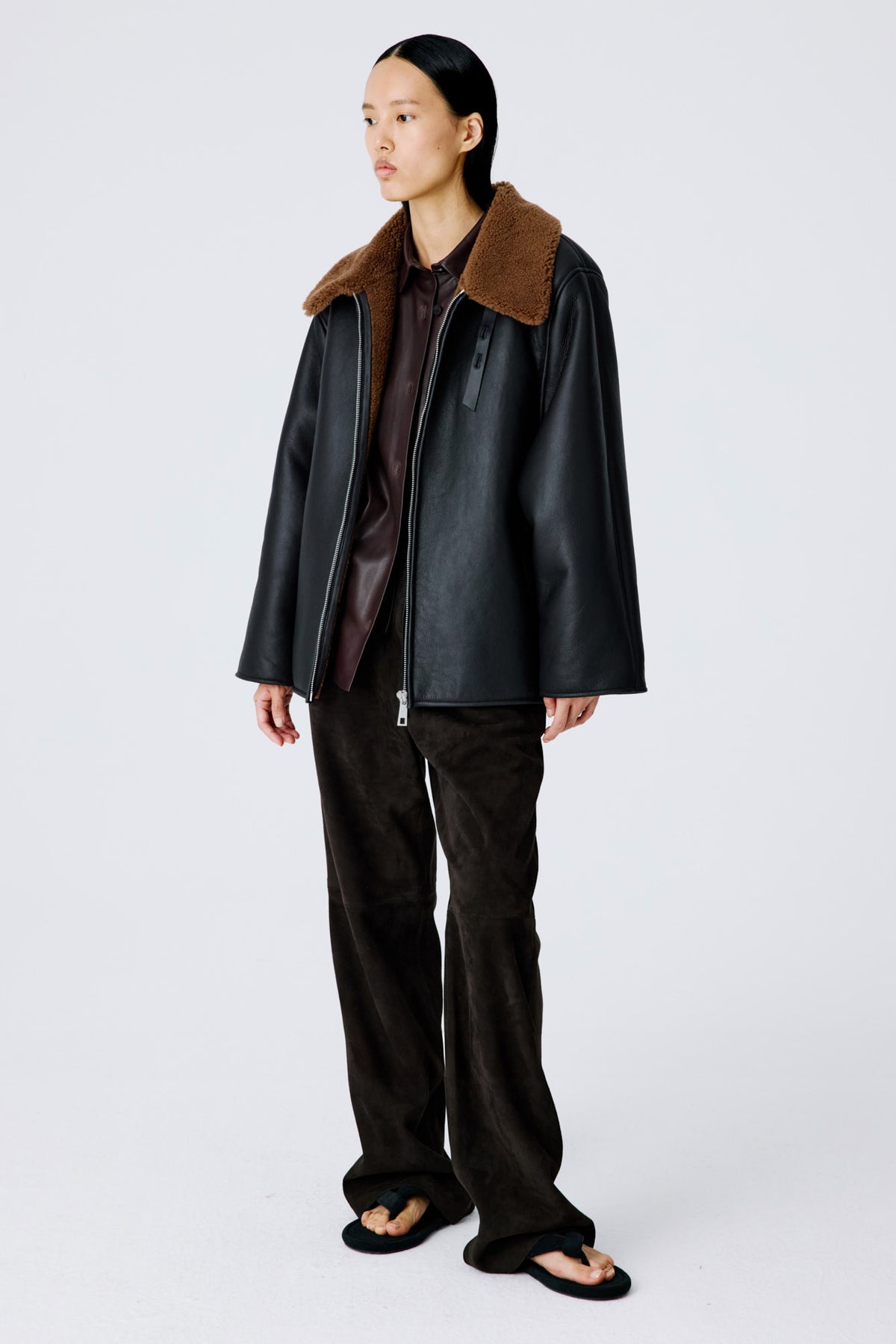 Scuba Midi Jacket | Semi-Curly Merino Shearling – Dark Chocolate/Tobacco