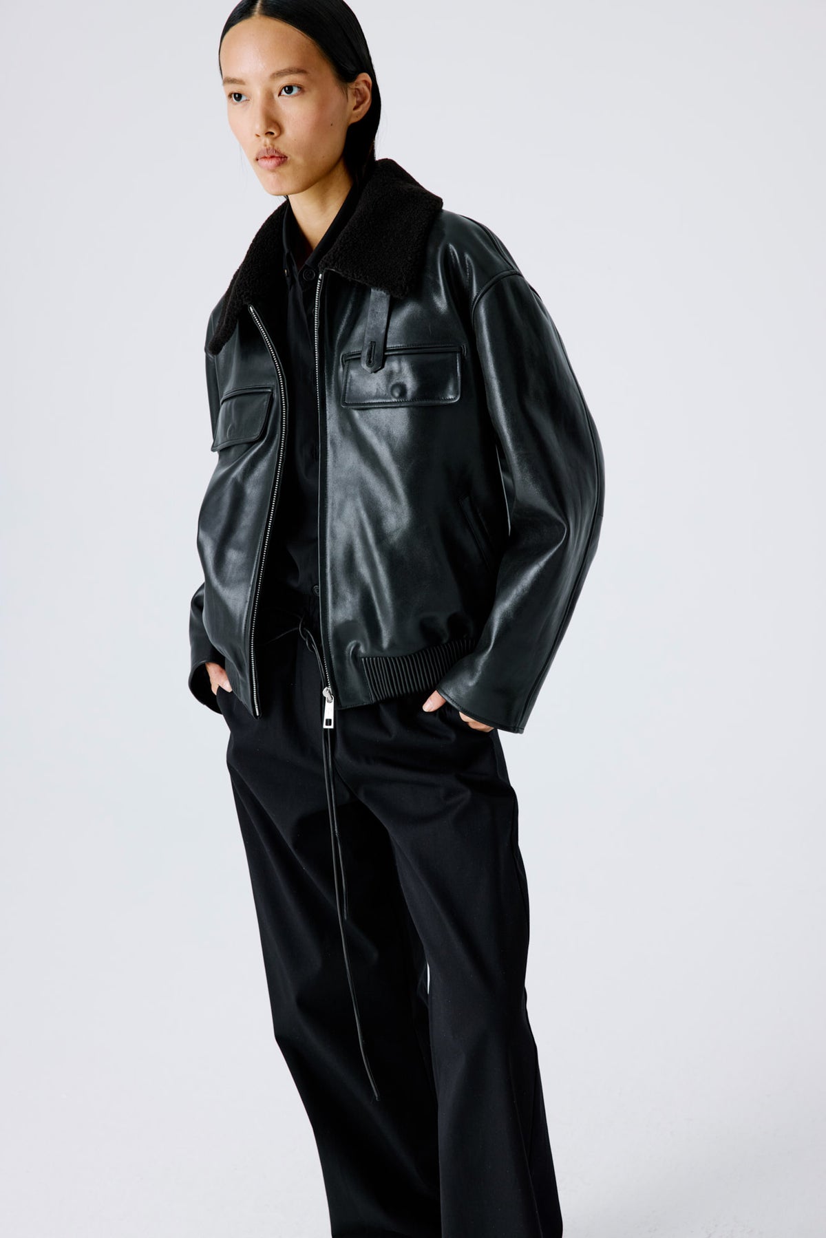 Love Pocketed Bomber Jacket | Leather – Black