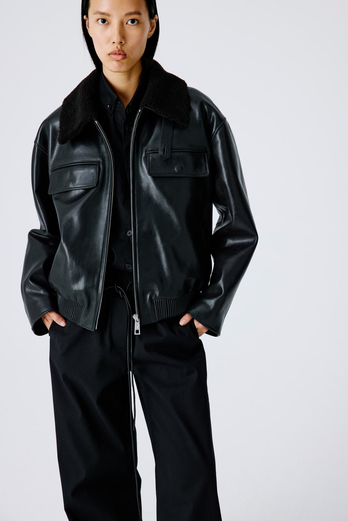 Love Pocketed Bomber Jacket | Leather – Black