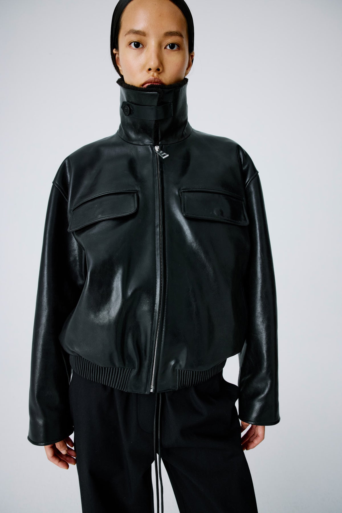 Love Pocketed Bomber Jacket | Leather – Black