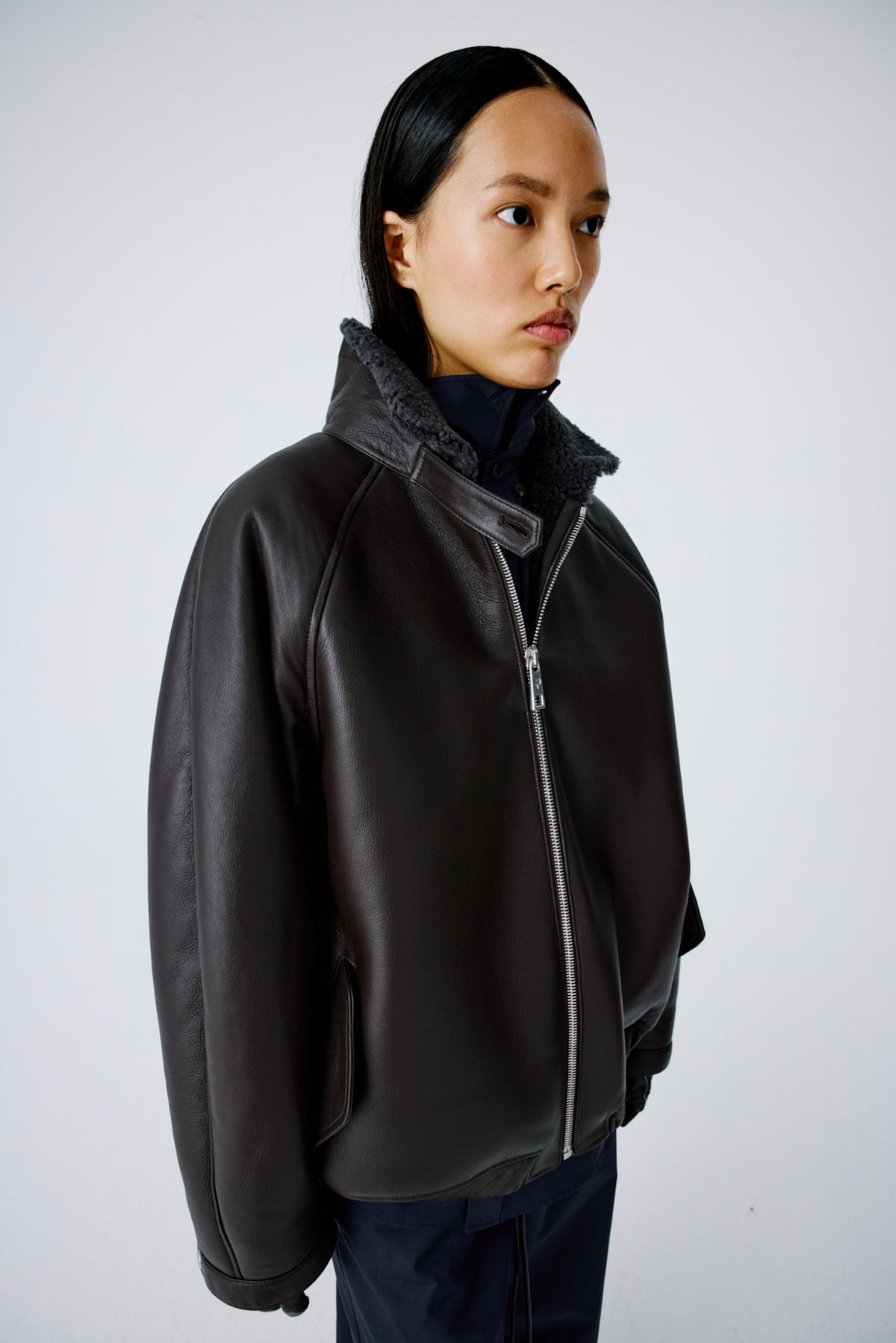 Whisper Jacket | Semi-Curly Merino Shearling – Dark Brown/Grey