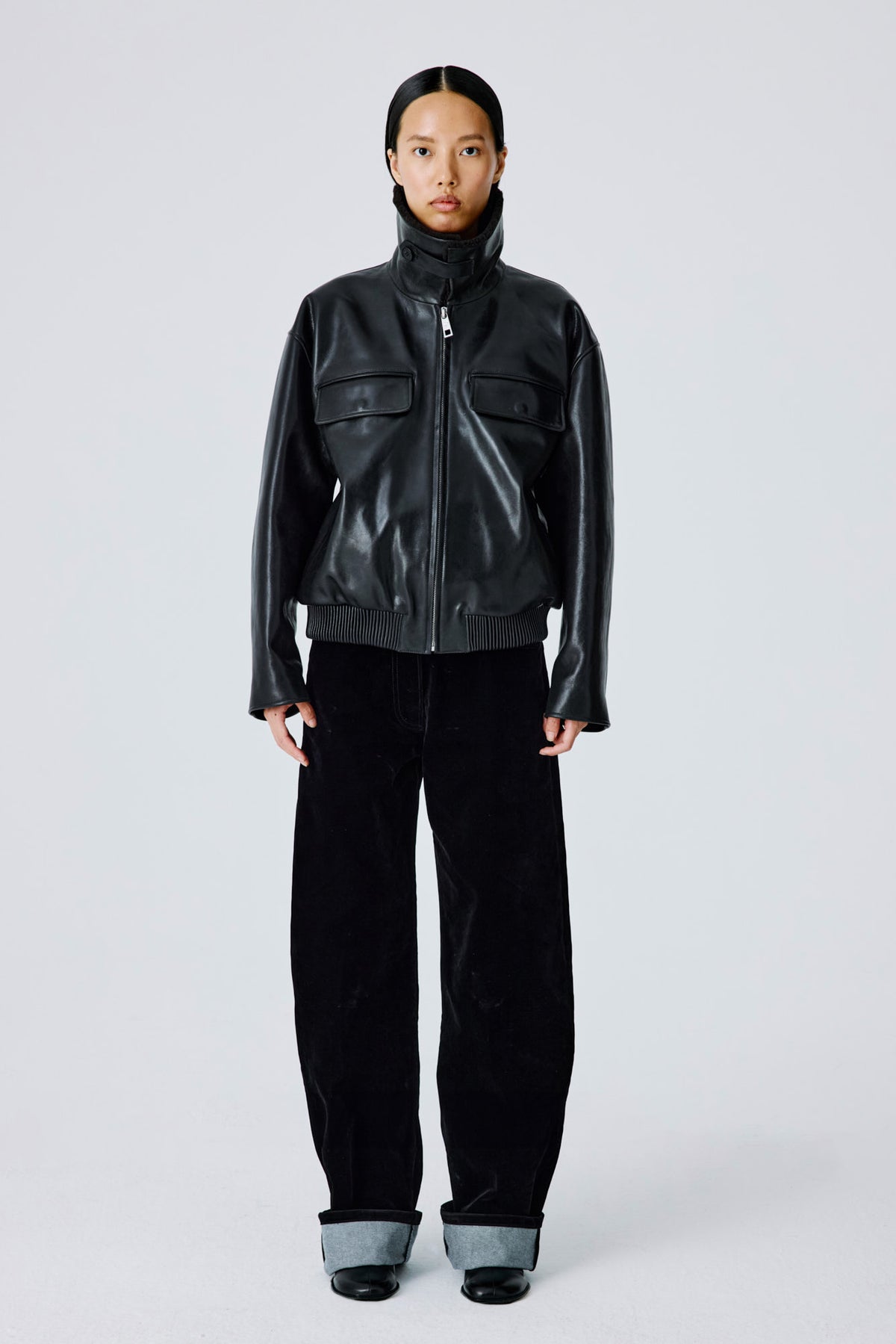 Love Pocketed Bomber Jacket | Leather – Black