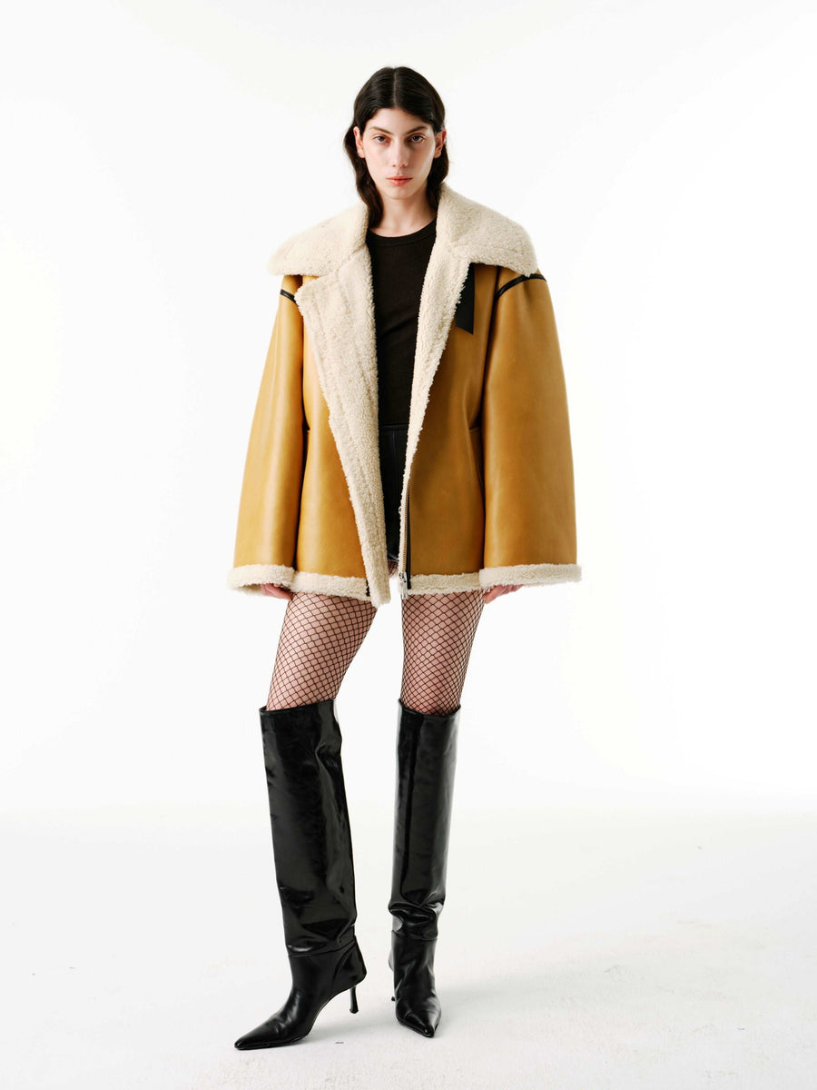 Scuba Midi Jacket | Semi-Curly Merino Shearling – Mustard/Beige