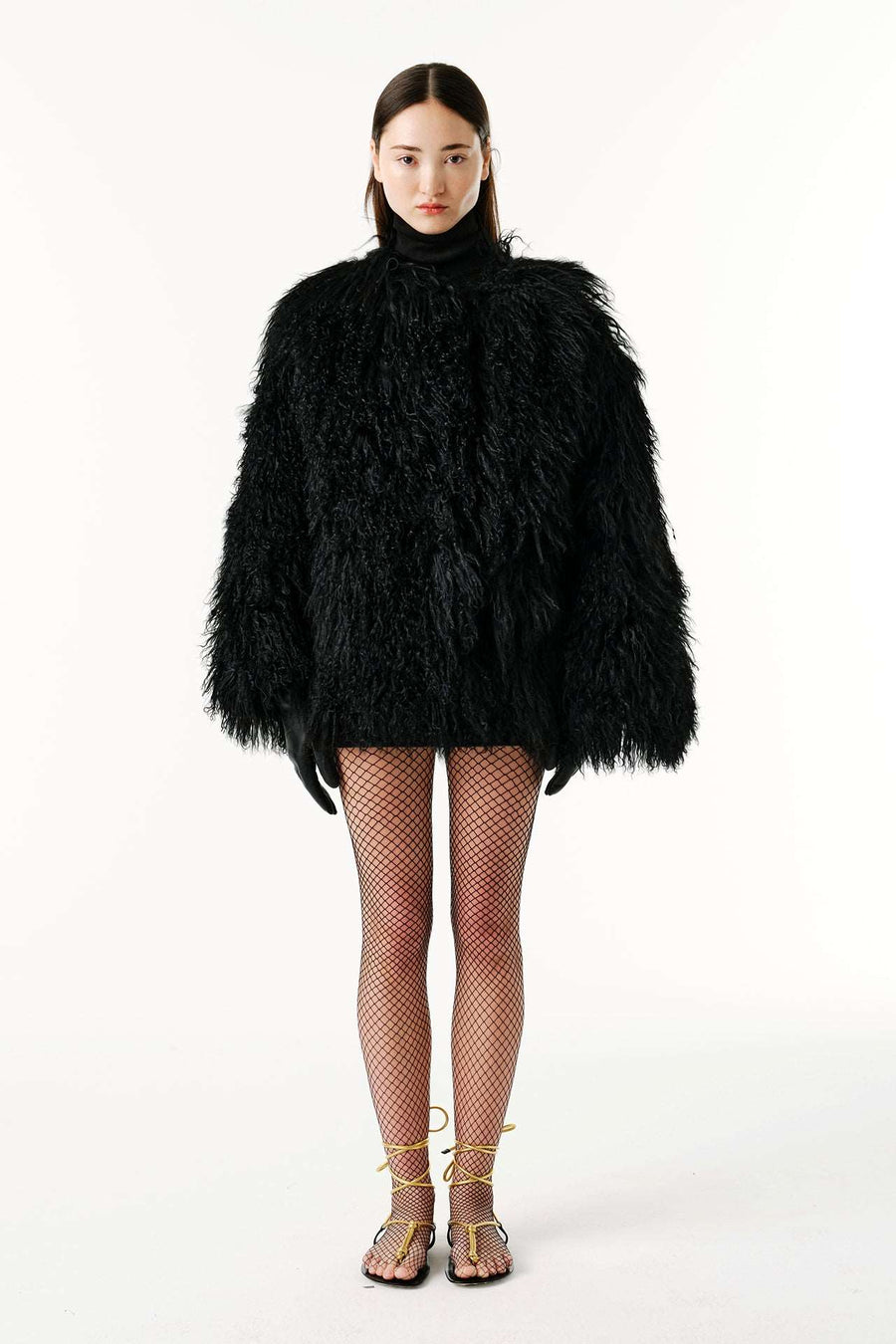 "Shaggy Baby" Midi without Collar Mongolian Fur Coat - Black