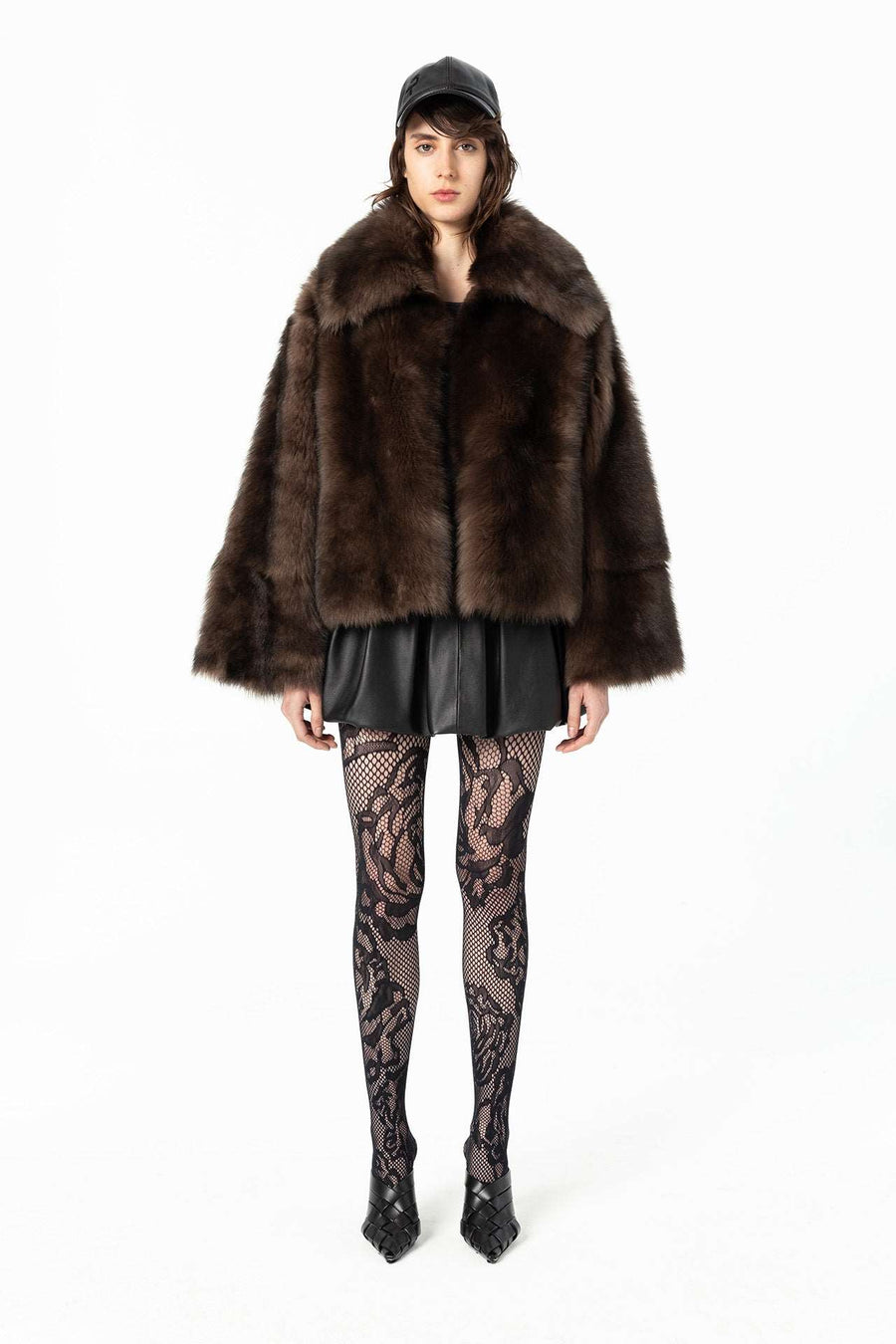 "Shaggy Baby" Mini with Spread Collar Shearling Fur Coat - Brown Tipping Toscana