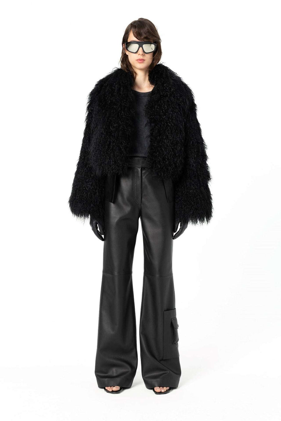 "Shaggy Baby" Mini with Collar Mongolian Fur Coat - Black
