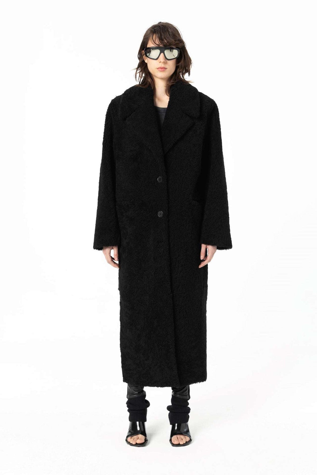 Diana V Neck Coat | Curly Merino Shearling – Black