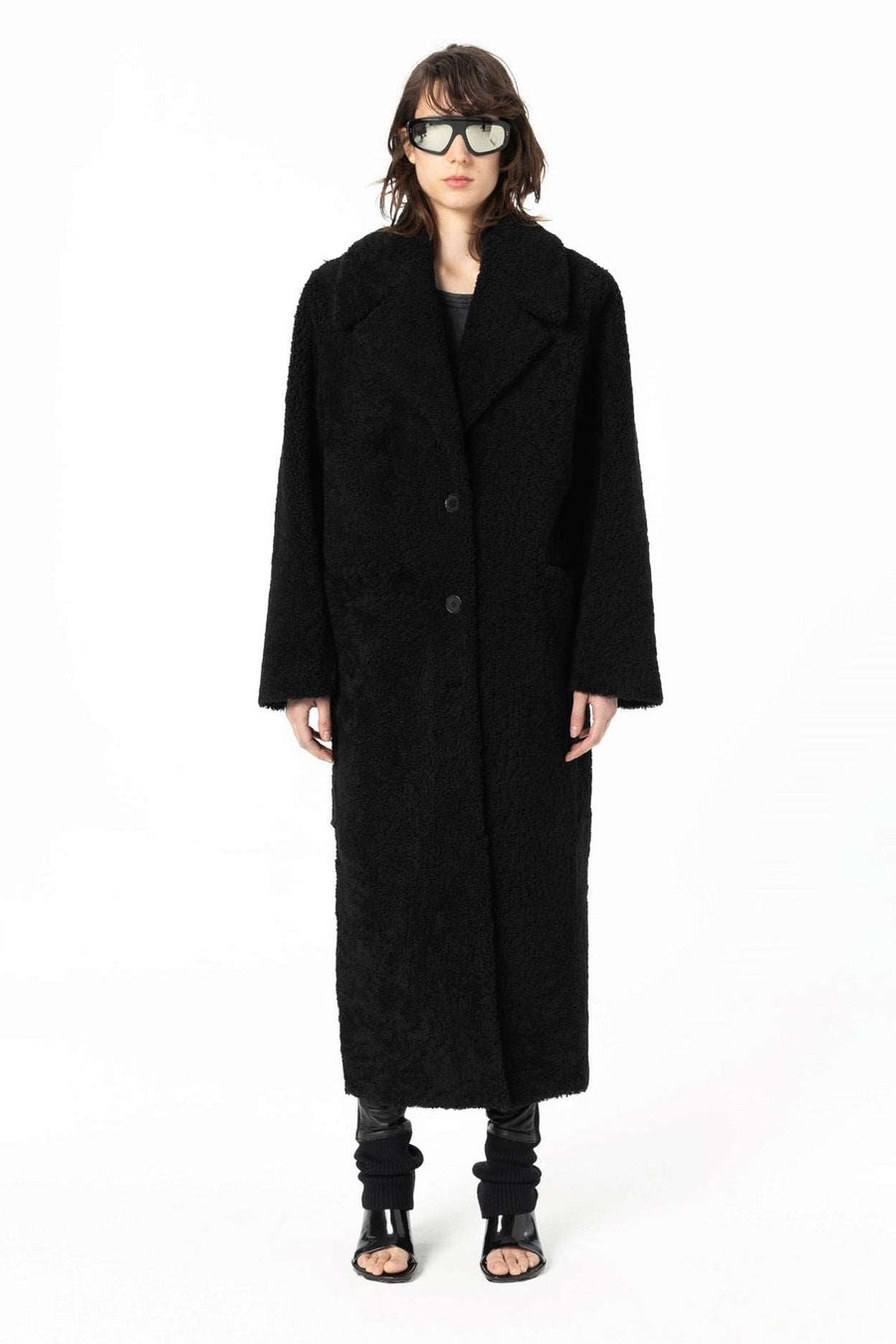 Diana V Neck Coat | Curly Merino Shearling – Black