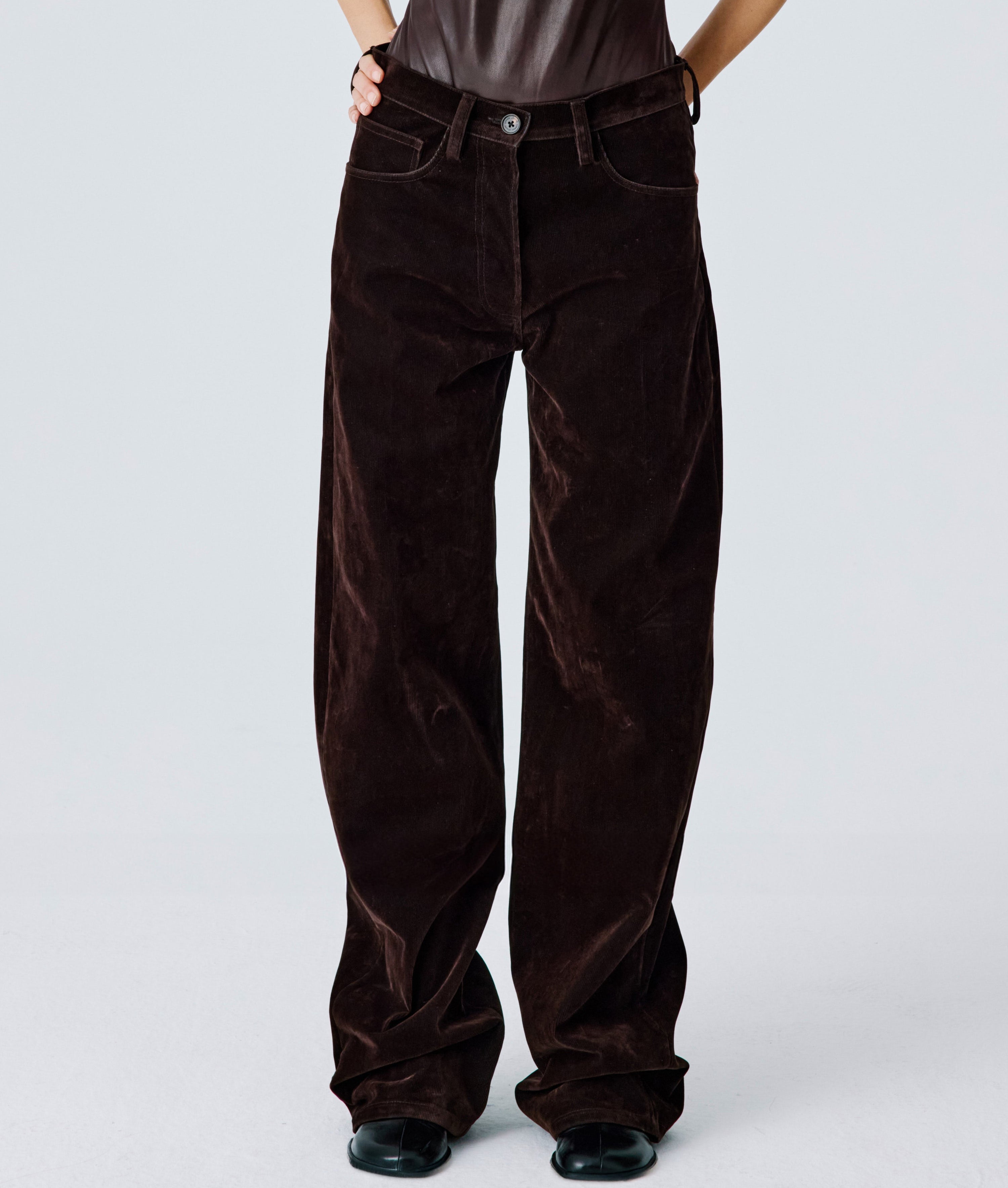 Soft Curve Barrel Pants - Chocolate Brown Ribbed Flock