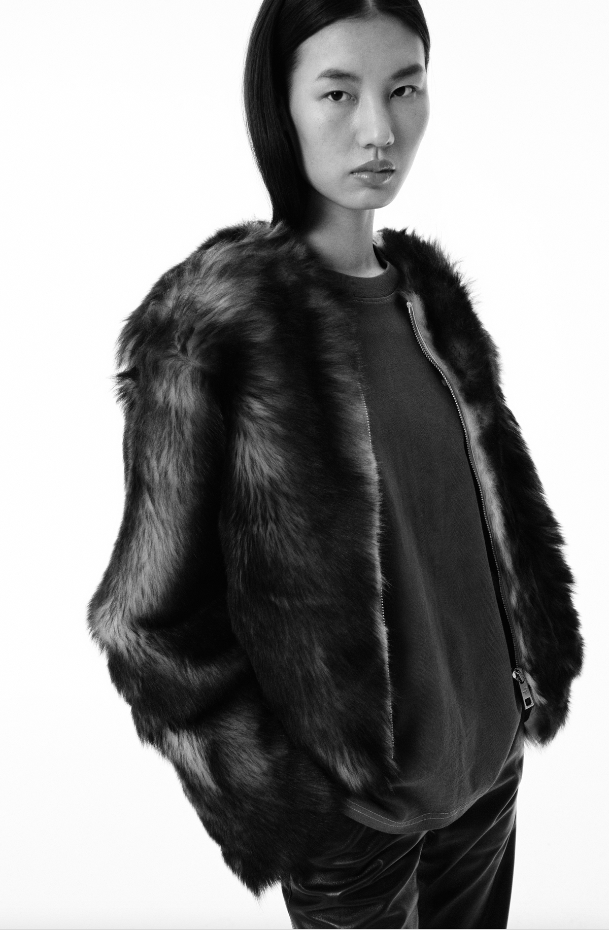Shaggy Baby Collarless Coat | Toscana  Shearling – Dark Chocolate/Beige