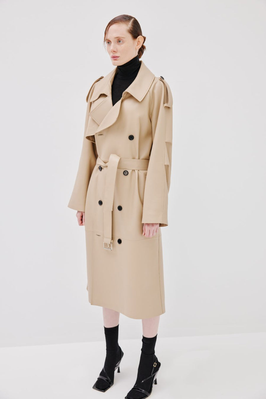 "Serpent Power" Leather Trench Coat - Oat Milk